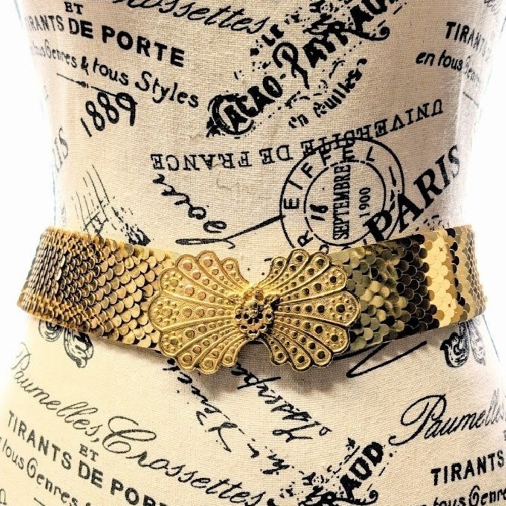 VTG Accessocraft Gold Tone Belt Fish‎ Scale Sequins Metal Ornate Buckle Etruscan